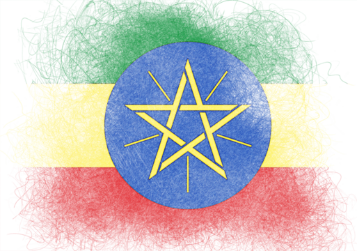 An artistic rendering shows the Ethiopian flag with textured, scribble-like edges framing the green, yellow, and red stripes, and a central blue disc featuring a yellow star with