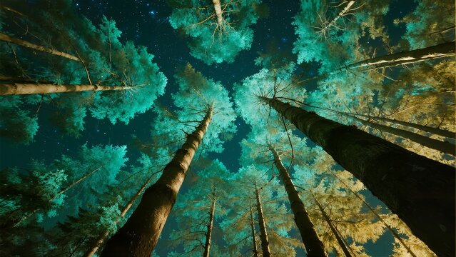 Astronomical view of tall trees reaching into a starry night sky, creating a canopy effect with vibrant blue and green hues. - Powered by Adobe
