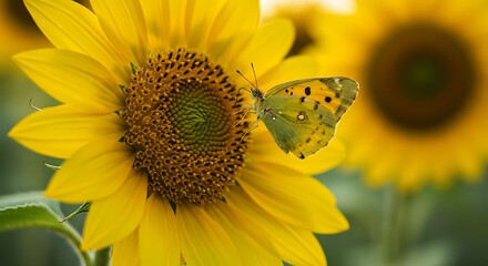 Vibrant sunflower with a delicate butterfly against blurred background in sunlight