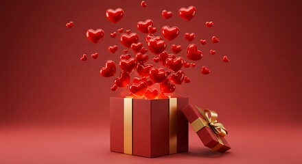 Valentines day gift box with red hearts floating outwards on red background