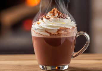 Delicious Steaming Hot Cocoa in a Clear Glass Mug, Crowned with Fluffy Whipped Cream, Cocoa Powder, and Chocolate Curls, a Warm Winter Treat.