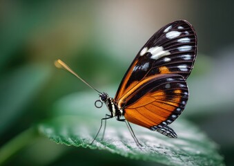 Fototapeta premium A vibrant butterfly with contrasting colors, perches on a leaf, showcasing its delicate structure
