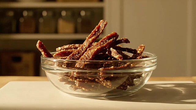 Delicious Beef Jerky Sticks in Glass Bowl on Kitchen Counter Ready to Eat Protein Snack Food Close-up Appetizer Savory Meat Homemade Healthy Meal