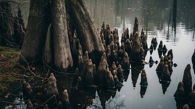 Swamp Cypress Trees and Stumps in Calm Water During Overcast Day