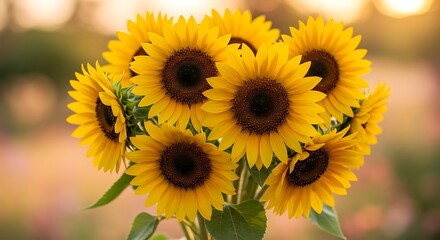 Obraz premium Vibrant sunflowers bouquet against a blurred background in natural sunlight