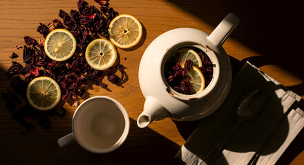 Top-down shot of a refreshing herbal tea arrangement with lemon slices and teaware