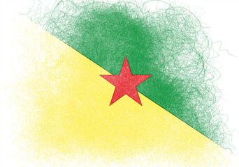 Digitally rendered flag of French Guiana with scribbled edges presents bold green and yellow fields divided diagonally by a striking red star, evoking national pride and a sense of