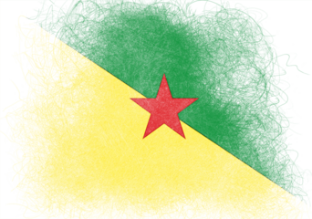 Digitally rendered flag of French Guiana with scribbled edges presents bold green and yellow fields divided diagonally by a striking red star, evoking national pride and a sense of
