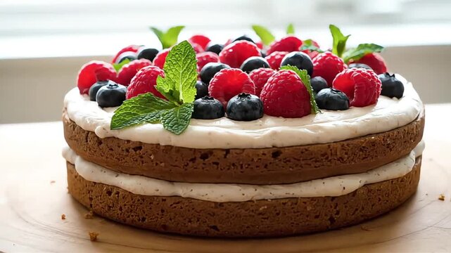 Homemade Berry Layer Cake with Cream Frosting Fresh Raspberries Blueberries and Mint Garnish Delicious Rustic Dessert Perfect for Celebrations and Sweet Treats