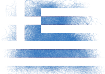 The flag of Greece displayed in an artistic and grunge style, featuring horizontal blue and white stripes and a cross on the upper left, rendered with rough edges and an ink splatter