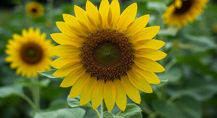 Obraz premium Vibrant sunflowers in full bloom with yellow petals and green foliage