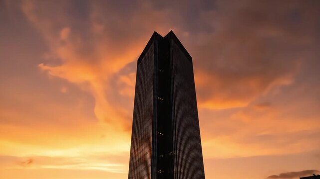 Stunning Skyscraper Silhouette Against a Vibrant Golden Orange Sunset Sky with Dramatic Clouds - Modern Urban Architecture at Dusk Capturing City Beauty