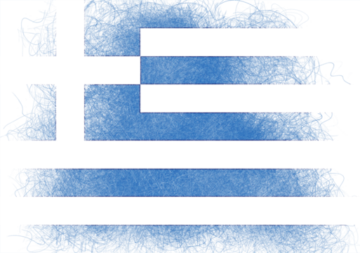 The flag of Greece displayed in an artistic and grunge style, featuring horizontal blue and white stripes and a cross on the upper left, rendered with rough edges and an ink splatter