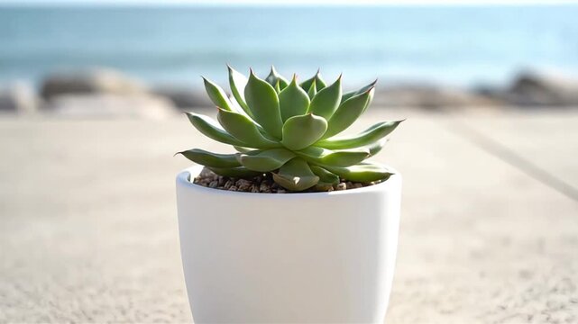 Vibrant green succulent plant in a minimalist white pot placed on a sandy beach with a soft focus blue ocean and sunny sky behind it perfect for nature and rela