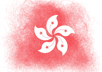 Stylized digital artwork features a vibrant crimson backdrop with a central, iconic five-petal bauhinia flower emblem in crisp white with stars, evoking a sense of abstract identity