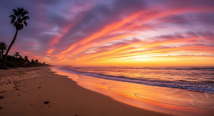 Vibrant sunset over calm ocean with palm tree silhouette at beach shore