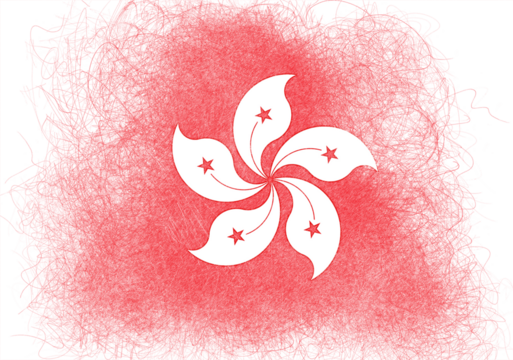 Stylized digital artwork features a vibrant crimson backdrop with a central, iconic five-petal bauhinia flower emblem in crisp white with stars, evoking a sense of abstract identity