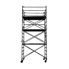 Black scaffolding with wheels against a dark background