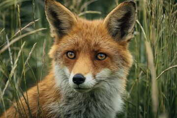 Fototapeta premium Close-up shot of a red fox, nestled in tall grass, gazing intently at the viewer
