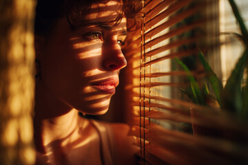 Cinematic golden-hour portrait of a contemplative young woman peering through wooden blinds, dramatic sunlit stripes and warm mood
