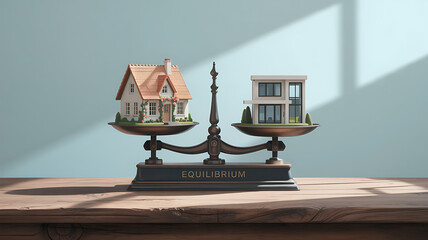 Balancing dreams: Traditional versus modern home ownership on elegant scales, conveying real estate investment choices and achieving financial equilibrium