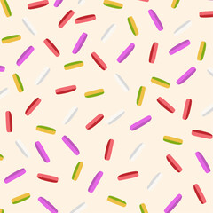 Sweet Candy Cream Icing Texture with Colorful Sprinkles. colorful falling decorative sprinkles background. Colorful Donut Sprinkles Seamless Pattern Background
