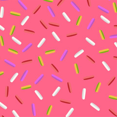 Seamless pattern with colorful sprinkles. Seamless pattern of pink donut glaze with many decorative sprinkles. Donut background with colorful candy sprinkles. 