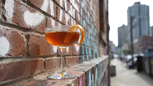 Stylish Cocktail Drink with Orange Peel Garnish on a Textured Brick Wall in a Bustling Urban City Environment Background
