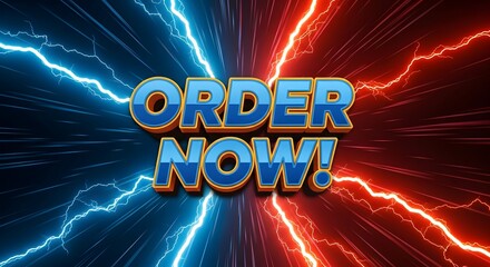 Order now text with blue and red lightning bolts background, dynamic and energetic, call to action concept