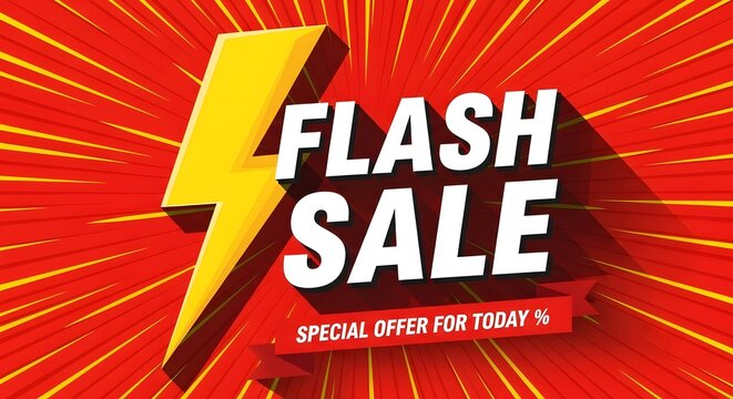 Flash sale special offer for today with lightning bolt symbol on red background with sunburst effect