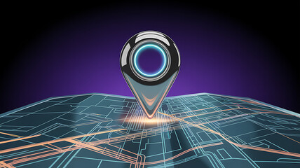 Dynamic digital map with glowing pin marking a precise location, perfect for navigation and tech concepts
