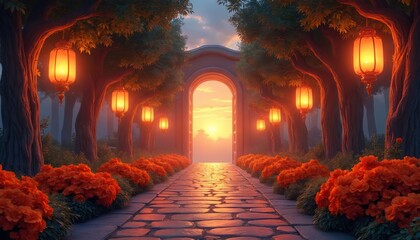 Path lined with orange flowers leads through archway to glowing sunset sky. Trees with hanging lanterns create magical atmosphere. Stone walkway reflects warm light, fantasy garden scene.