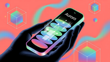 Dynamic digital data visualization on smartphone screen held in hand, showcasing abstract shapes and graphs with futuristic cubes floating around