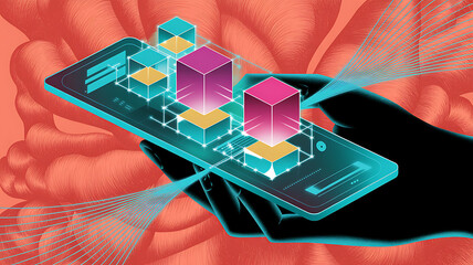 Dynamic hand interacting with futuristic digital interface displaying data cubes and glowing network connections, symbolizing innovation and connectivity