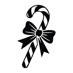 Black and white candy cane icon with decorative bow, festive holiday silhouette design for Christmas treats, cards, or seasonal graphics