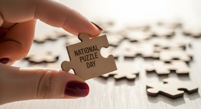 Hand Holding Puzzle Piece with National Puzzle Day Text for Game and Brain Challenge Concept