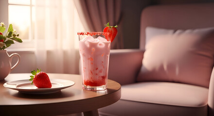 Strawberry drink with ice, a fresh berry on the table, and room interior in the morning light