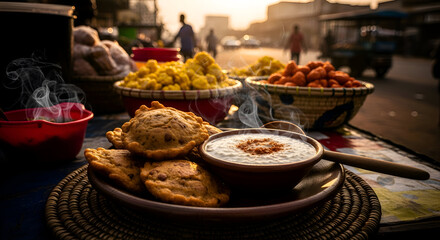 Street food scene featuring delicious snacks and flavorful dishes, capturing the essence