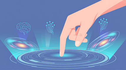 Human hand interacts with futuristic holographic interface displaying brain, neural network, and galaxy for advanced AI and science exploration