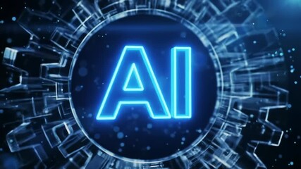 Glowing electric blue 'AI' letters in polished, rotating digital gears, on a deep cosmic dark blue background with ethereal particles. Orbital dolly video. Concept of advanced artificial intelligence - Powered by Adobe