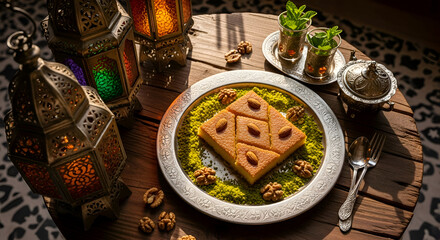 Stunning table featuring traditional Middle Eastern sweets, nuts, lanterns, and green tea