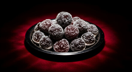 Sugared Cherries Delicately Stacked On Silver Platter Over Velvet Red Backdrop