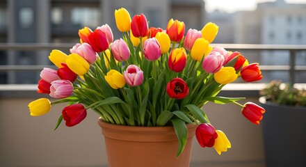 Vibrant tulip bouquet in a terracotta pot outdoors in natural light