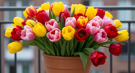 Vibrant tulip bouquet in a terracotta pot against a blurred background
