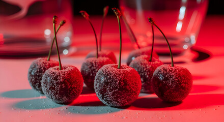 Sugared Cherries in Dramatic Red Lighting Create a Stunning Visual Feast for the Eyes