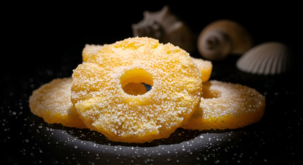 Sugared Pineapple Rings: A Culinary Delight with Coastal Background and Dark Ambiance