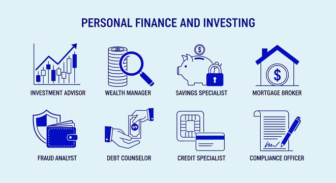 Blue line art icons illustrating personal finance and investing career roles on a light background