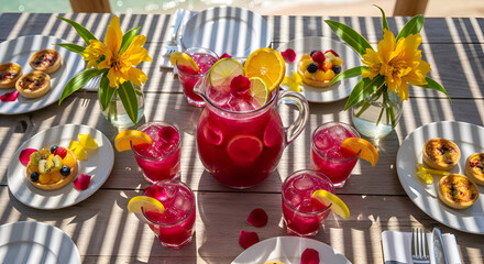 Summer Refreshment: A Beautiful Table Setting with Sangria, Fruits, and Flowers