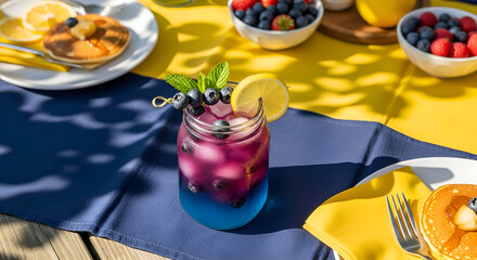 Summer Refreshment: Colorful Beverage with Pancakes and Berries on a Sunny Table