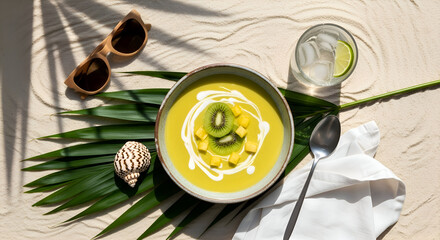 Summer soup with kiwi and mango, sunglasses, and a refreshing drink on a sandy beach